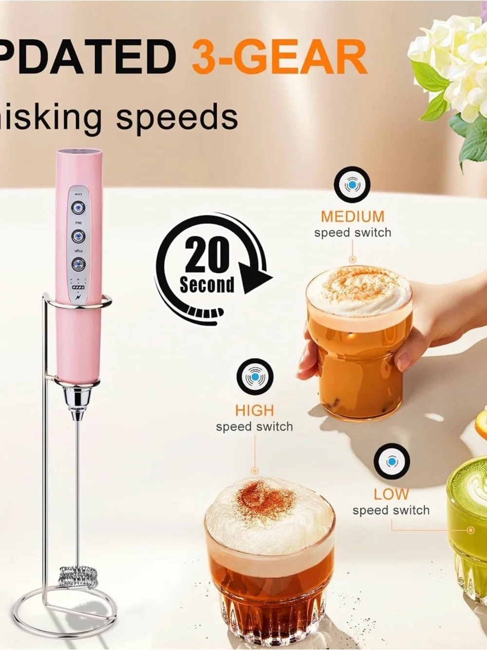 Rechargeable Milk Frother Pink | 3-Speed | USB-C | Stand Included 🌸